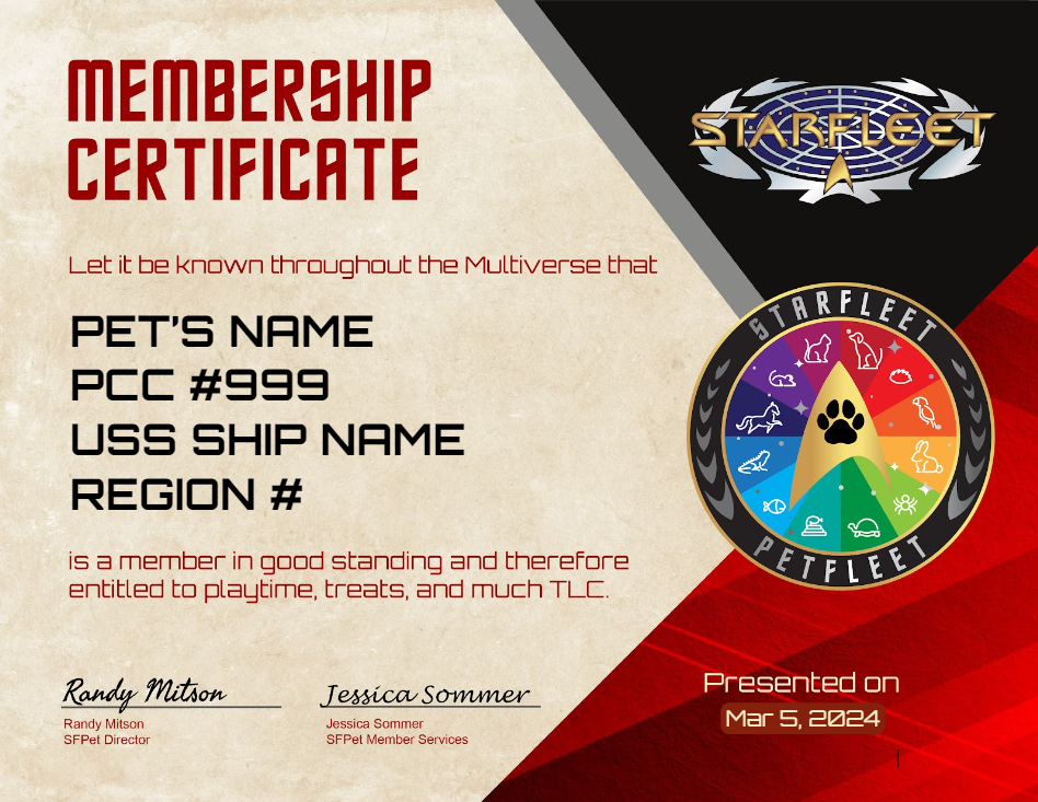 STARFLEET Petfleet Membership Certificate sample