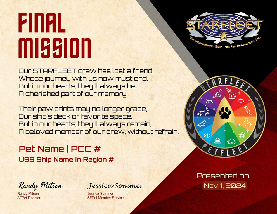 STARFLEET Petfleet Final Mission Certificate