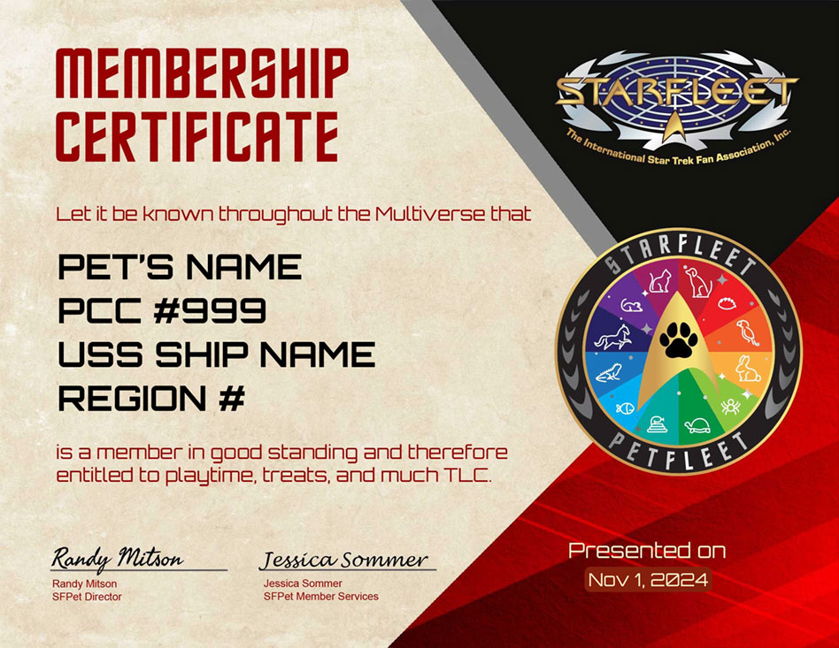 STARFLEET Petfleet Membership Certificate