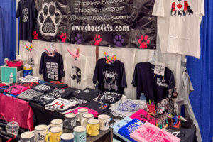 Chaos4K9s booth, a colourful mission in canine-themed merchandise.